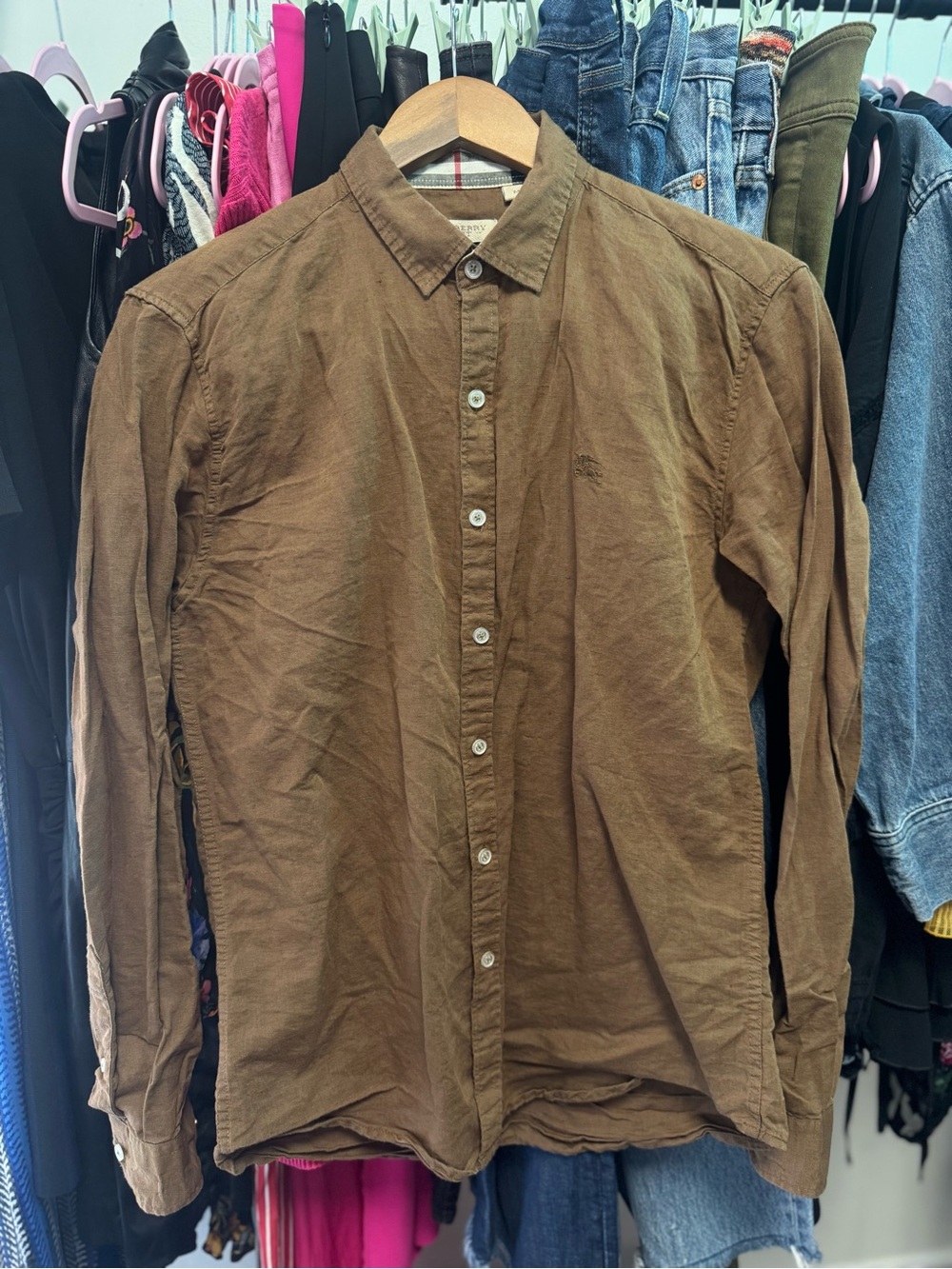 Burberry Brit Men's Brown 100% Linen Long Sleeve Button Down